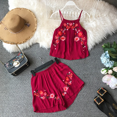 Set de vară pentru femei din două părți - maiou și pantaloni cu broderie