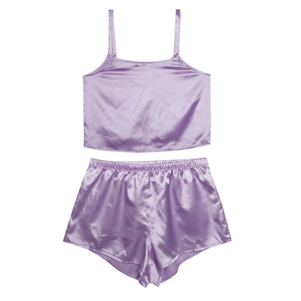 Szatén női pizsama két részből, lila színű megkötővel