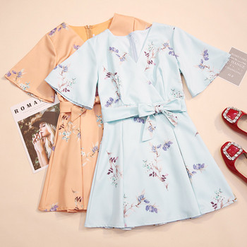 Rochie moderna de dama cu panglica si motive florale in mai multe culori