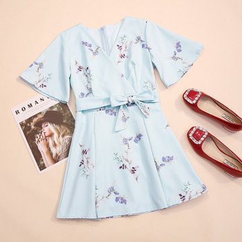 Rochie moderna de dama cu panglica si motive florale in mai multe culori