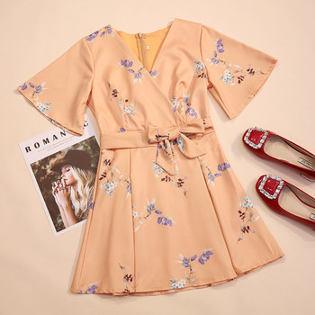 Rochie moderna de dama cu panglica si motive florale in mai multe culori