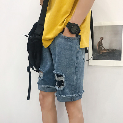 Pantaloni scurți din denim pentru bărbați cu motive rupte în albastru