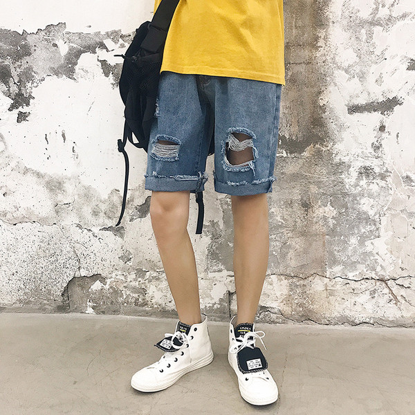 Pantaloni scurți din denim pentru bărbați cu motive rupte în albastru