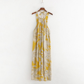 Rochie de dama lunga lata cu decolteu galben cu imprimeu