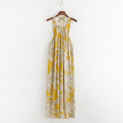 Rochie de dama lunga lata cu decolteu galben cu imprimeu