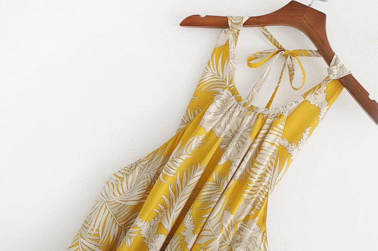 Rochie de dama lunga lata cu decolteu galben cu imprimeu