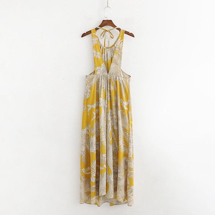 Rochie de dama lunga lata cu decolteu galben cu imprimeu