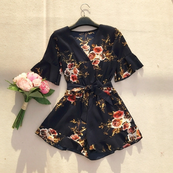 Γυναικείες ολόσωμες φόρμες με λαιμό V με floral σχέδια