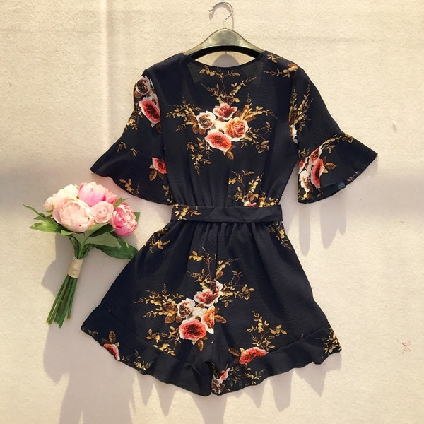 Γυναικείες ολόσωμες φόρμες με λαιμό V με floral σχέδια