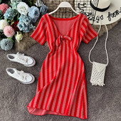 Rochie moderna de dama cu maneci scurte si panglica in rosu