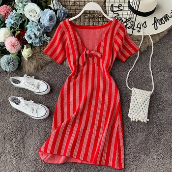 Rochie moderna de dama cu maneci scurte si panglica in rosu