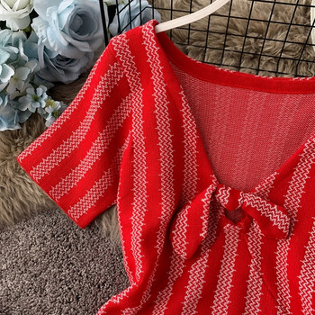 Rochie moderna de dama cu maneci scurte si panglica in rosu