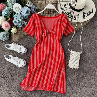 Rochie moderna de dama cu maneci scurte si panglica in rosu