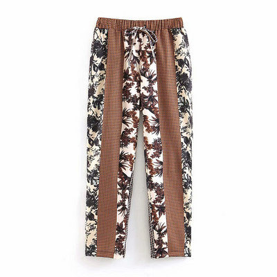 Pantaloni largi de dama cu elastic si cravate in talie de culoare maro cu model