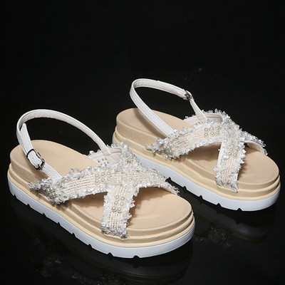 Sandale casual dama cu talpa plate si margele in doua culori