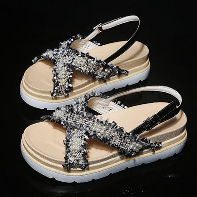 Sandale casual dama cu talpa plate si margele in doua culori