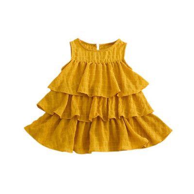 Детска рокля в бял и жълт цвят с О-образно деколте
