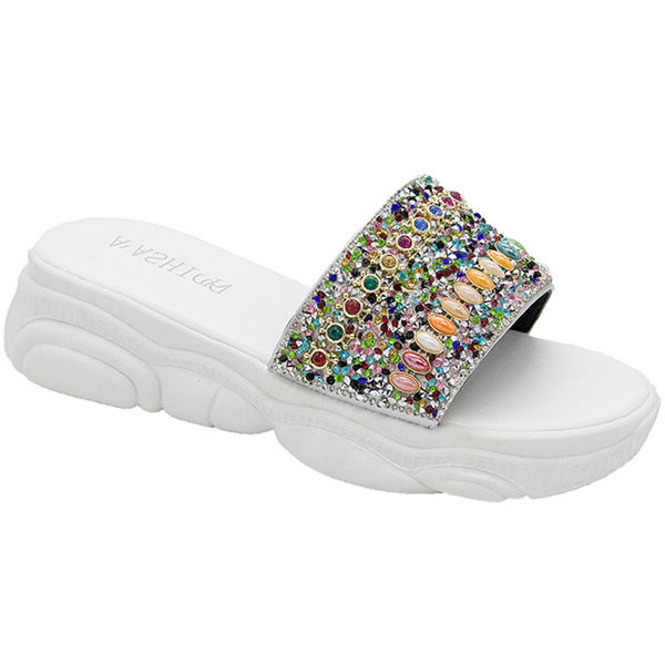 Casual γυναικείες παντόφλες σε λευκό και μαύρο με χρωματιστές πέτρες