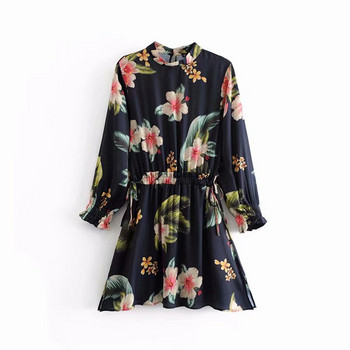 Rochie scurta de dama cu maneci 7/8 si talie elastica cu model floral