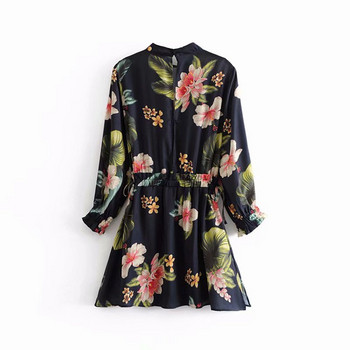 Rochie scurta de dama cu maneci 7/8 si talie elastica cu model floral