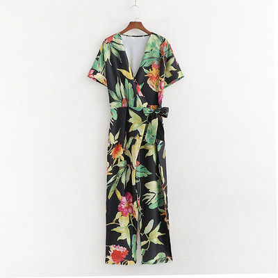 Γυναικεία ολόσωμη φόρμα με κορδόνια στη μέση και φλοράλ πριντ