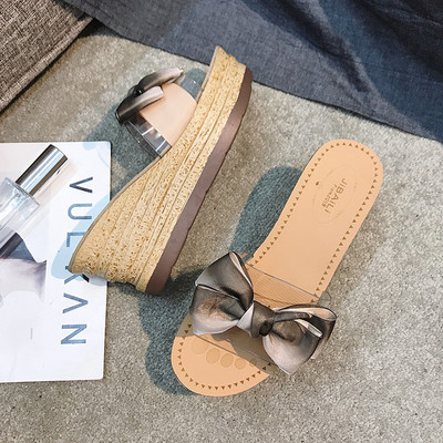 Papuci de dama cu platforma cu panglica in culori irizate