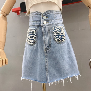 Modern női farmerszoknya, magas derékkal és gyöngyökkel