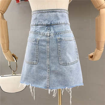 Modern női farmerszoknya, magas derékkal és gyöngyökkel