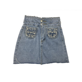 Modern női farmerszoknya, magas derékkal és gyöngyökkel