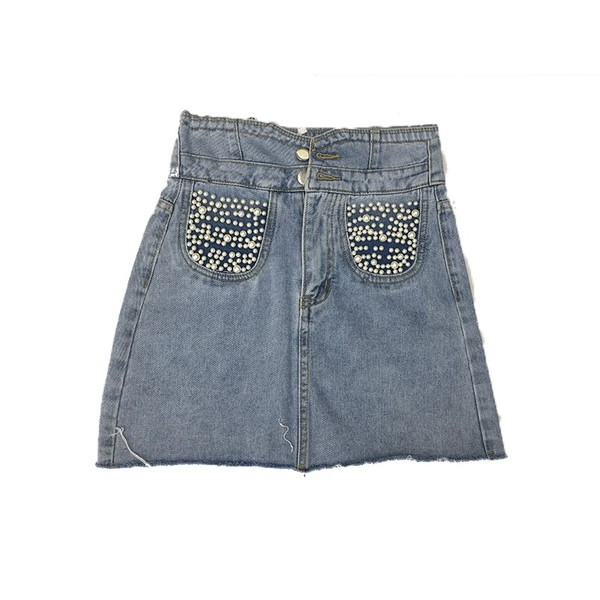 Modern női farmerszoknya, magas derékkal és gyöngyökkel