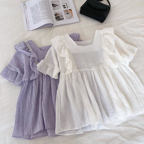 Bluză casual de damă cu decolteu O și mâneci scurte în alb și albastru