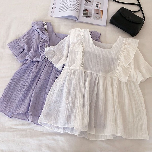 Bluză casual de damă cu decolteu O și mâneci scurte în alb și albastru