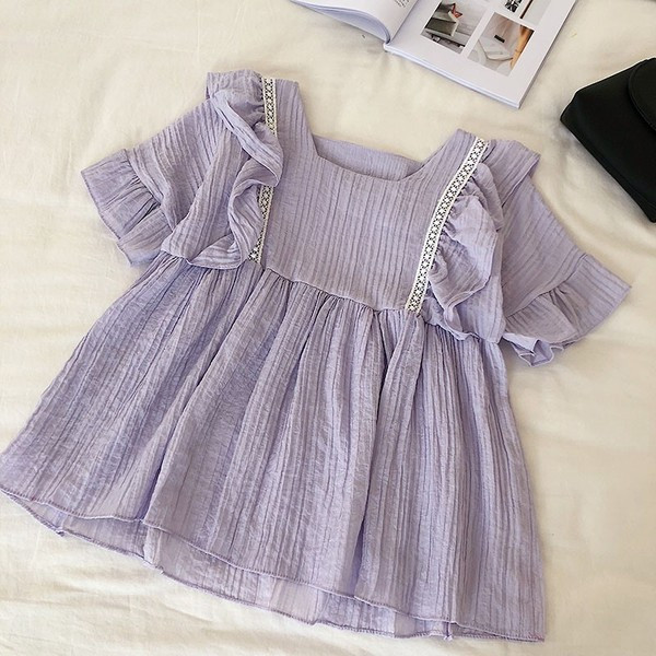 Bluză casual de damă cu decolteu O și mâneci scurte în alb și albastru