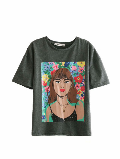 Szürke színű, rátéttel ellátott, rövid ujjú női póló