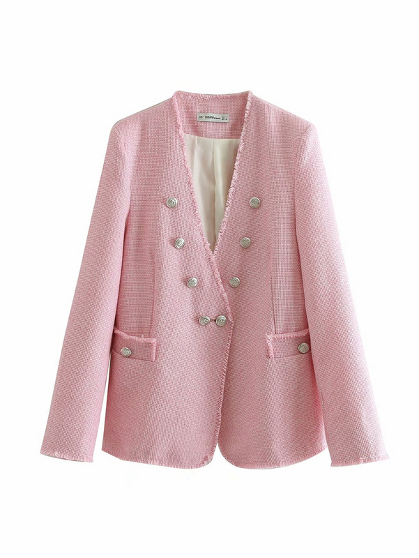 Дамско сако с дълъг ръкав с V - образно деколте с копчета и джобове в розов цвят
