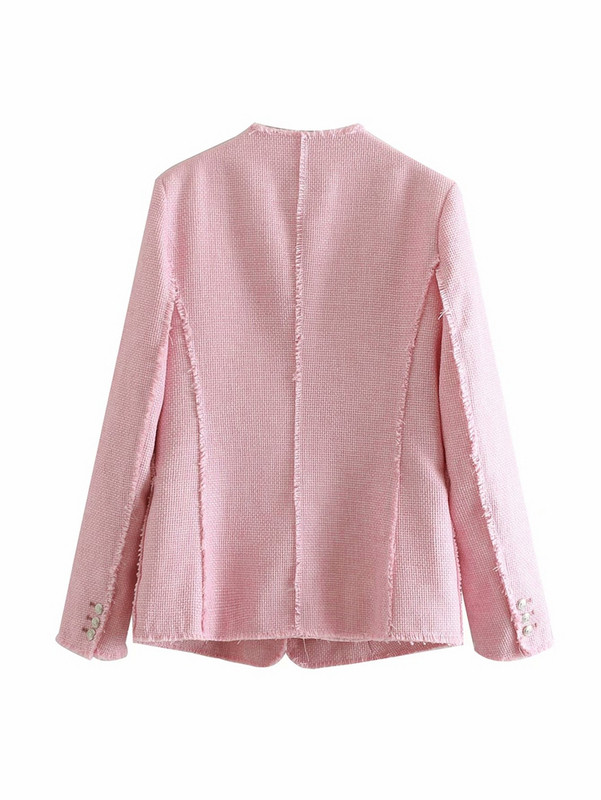 Geaca de dama cu maneca lunga, cu decolteu in V, cu nasturi si buzunare roz