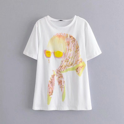 Tricou lung de damă cu mâneci scurte și pietre în alb cu aplicație