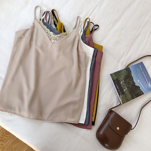 Maieu modern de dama cu bretele subtiri si dantela in trei culori