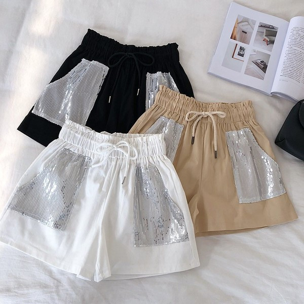 Pantaloni scurți moderni de damă cu talie înaltă și paiete în trei culori