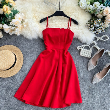 Rochie elegantă de damă, cu bretele subțiri, în negru și roșu