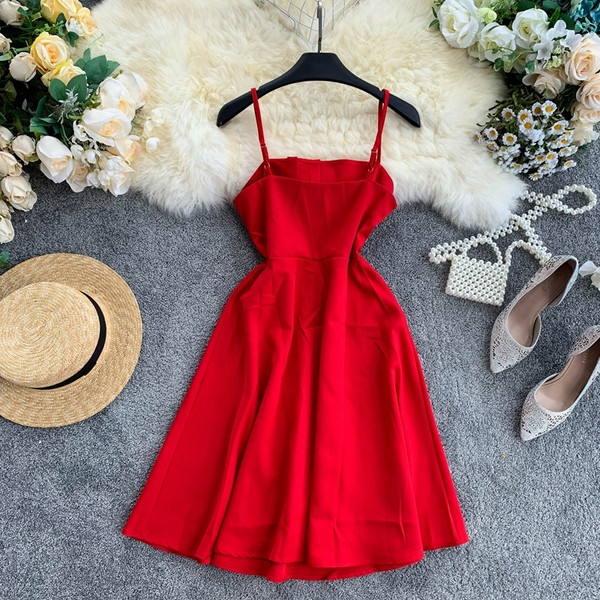 Rochie elegantă de damă, cu bretele subțiri, în negru și roșu