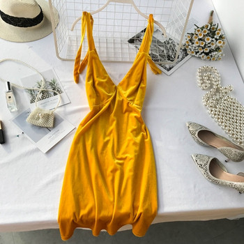 Rochie de dama din catifea de culoare galbena