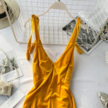 Rochie de dama din catifea de culoare galbena