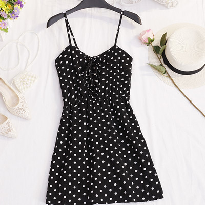 Rochie casual de dama cu bretele subtiri cu puncte in doua culori