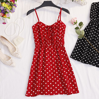 Rochie casual de dama cu bretele subtiri cu puncte in doua culori