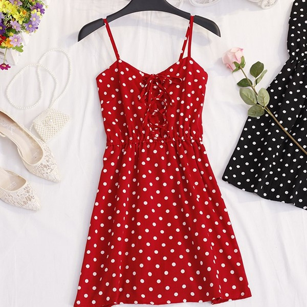 Rochie casual de dama cu bretele subtiri cu puncte in doua culori