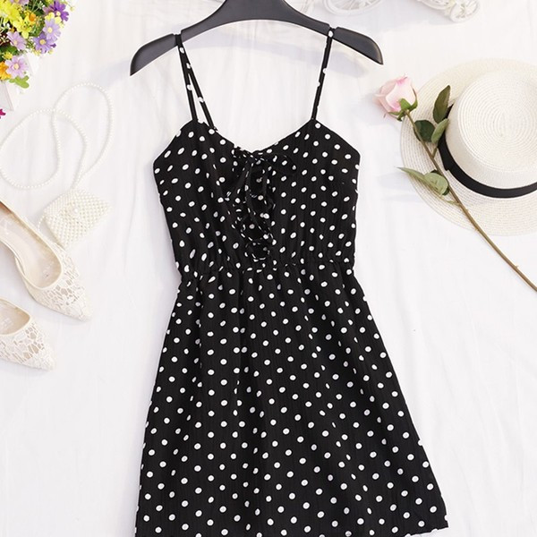 Rochie casual de dama cu bretele subtiri cu puncte in doua culori