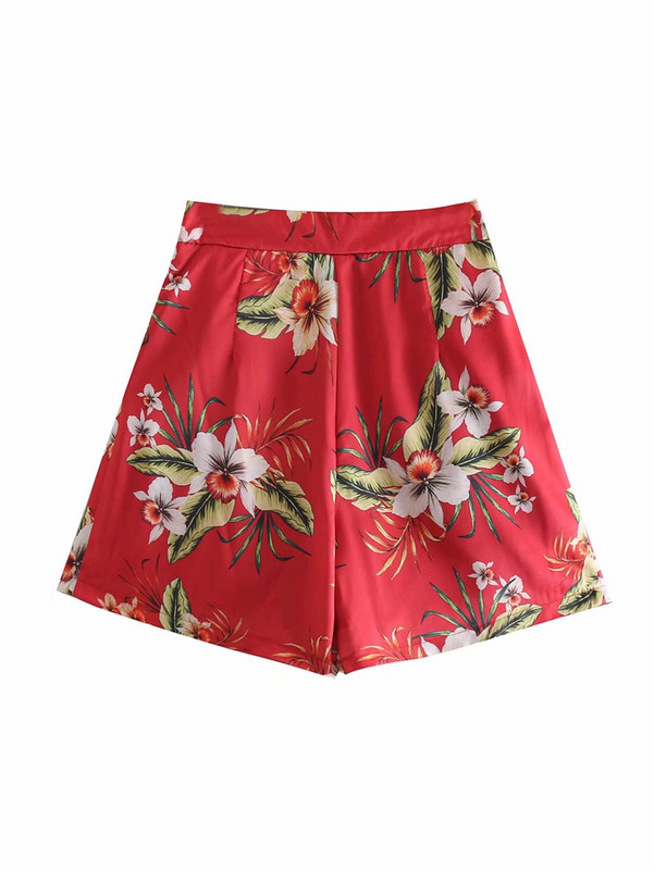 Pantaloni scurți de damă cu talie înaltă în roșu și model floral