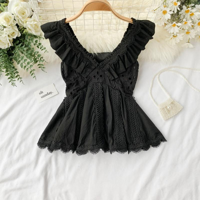 Maieu de damă din dantelă cu decolteu în V în alb și negru