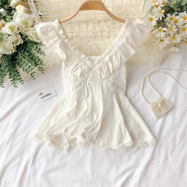 Maieu de damă din dantelă cu decolteu în V în alb și negru